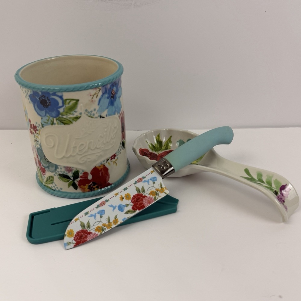 Pioneer Woman Melody Floral  Mini Utensil Holder Crock Spoon Rest Knife Set